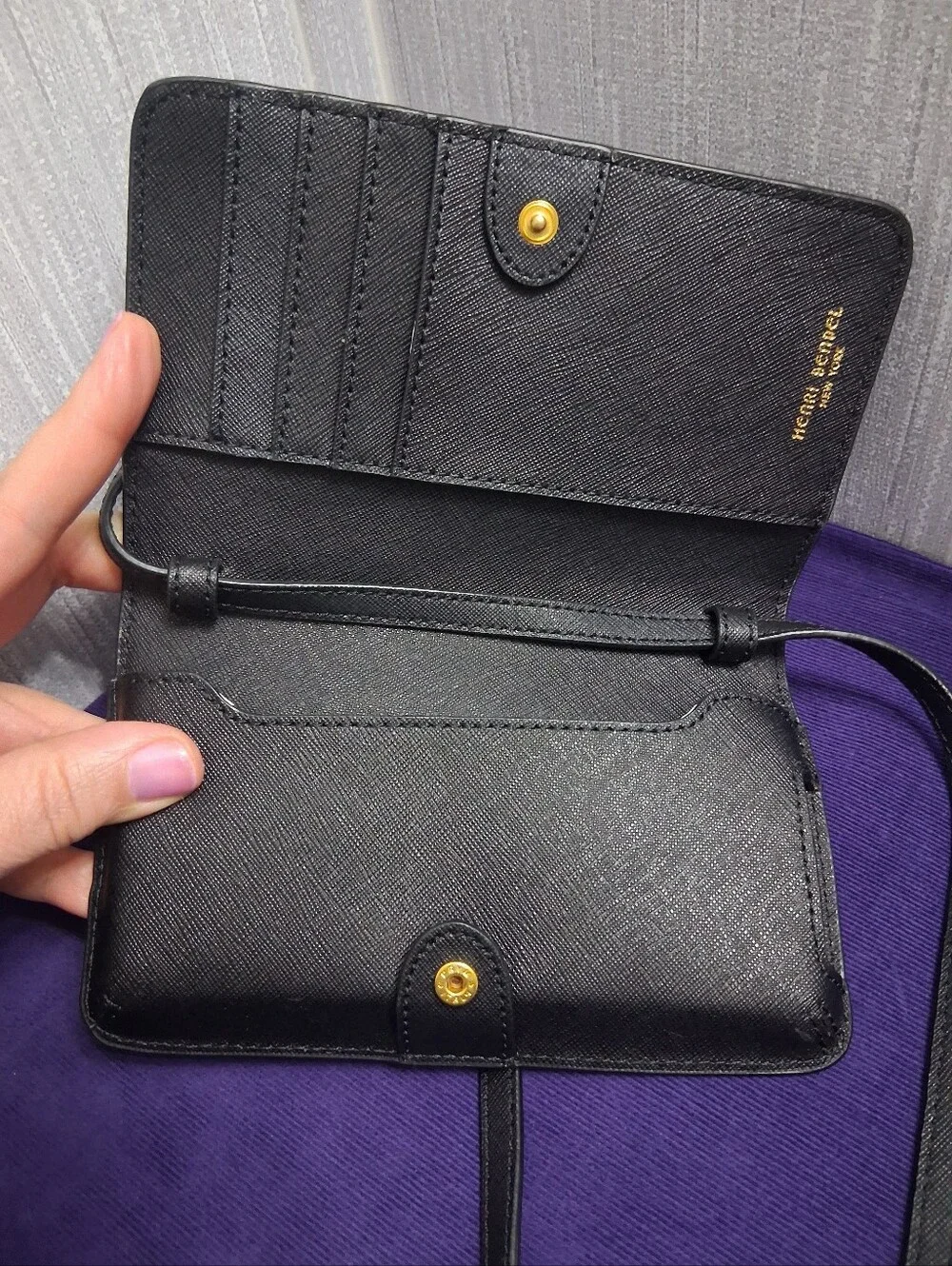 Henri Bendel Crossbody Purse Black Saffiano Leather Cardholder Wallet